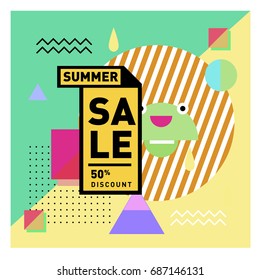 Summer sale memphis style web banner. Fashion and travel discount poster. Vector holiday Abstract colorful illustration with special offer and promotion.