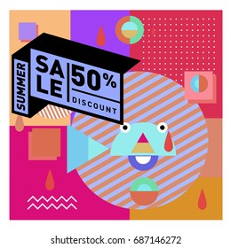 Summer sale memphis style web banner. Fashion and travel discount poster. Vector holiday Abstract colorful illustration with special offer and promotion.