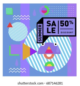 Summer sale memphis style web banner. Fashion and travel discount poster. Vector holiday Abstract colorful illustration with special offer and promotion.