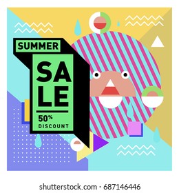 Summer sale memphis style web banner. Fashion and travel discount poster. Vector holiday Abstract colorful illustration with special offer and promotion.