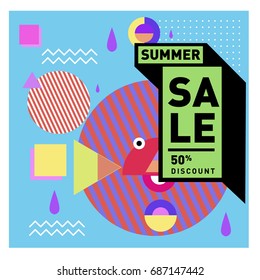 Summer sale memphis style web banner. Fashion and travel discount poster. Vector holiday Abstract colorful illustration with special offer and promotion.