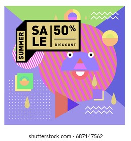 Summer sale memphis style web banner. Fashion and travel discount poster. Vector holiday Abstract colorful illustration with special offer and promotion.