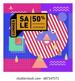 Summer sale memphis style web banner. Fashion and travel discount poster. Vector holiday Abstract colorful illustration with special offer and promotion.