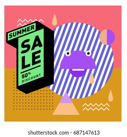 Summer sale memphis style web banner. Fashion and travel discount poster. Vector holiday Abstract colorful illustration with special offer and promotion.
