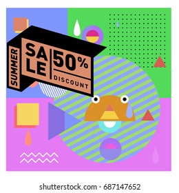 Summer sale memphis style web banner. Fashion and travel discount poster. Vector holiday Abstract colorful illustration with special offer and promotion.