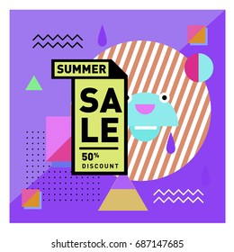 Summer sale memphis style web banner. Fashion and travel discount poster. Vector holiday Abstract colorful illustration with special offer and promotion.