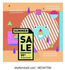 Summer sale memphis style web banner. Fashion and travel discount poster. Vector holiday Abstract colorful illustration with special offer and promotion.