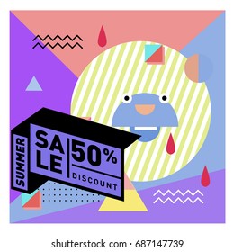 Summer sale memphis style web banner. Fashion and travel discount poster. Vector holiday Abstract colorful illustration with special offer and promotion.