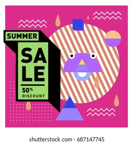 Summer sale memphis style web banner. Fashion and travel discount poster. Vector holiday Abstract colorful illustration with special offer and promotion.