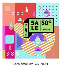 Summer sale memphis style web banner. Fashion and travel discount poster. Vector holiday Abstract colorful illustration with special offer and promotion.