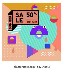 Summer sale memphis style web banner. Fashion and travel discount poster. Vector holiday Abstract colorful illustration with special offer and promotion.