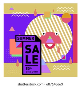 Summer sale memphis style web banner. Fashion and travel discount poster. Vector holiday Abstract colorful illustration with special offer and promotion.