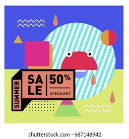 Summer sale memphis style web banner. Fashion and travel discount poster. Vector holiday Abstract colorful illustration with special offer and promotion.