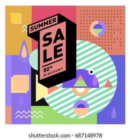 Summer sale memphis style web banner. Fashion and travel discount poster. Vector holiday Abstract colorful illustration with special offer and promotion.