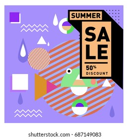 Summer sale memphis style web banner. Fashion and travel discount poster. Vector holiday Abstract colorful illustration with special offer and promotion.