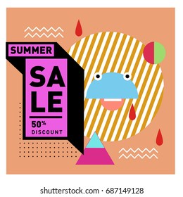 Summer sale memphis style web banner. Fashion and travel discount poster. Vector holiday Abstract colorful illustration with special offer and promotion.