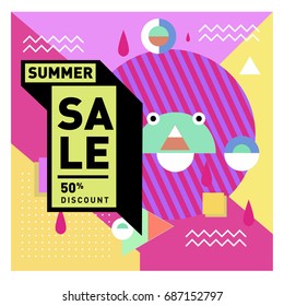 Summer sale memphis style web banner. Fashion and travel discount poster. Vector holiday Abstract colorful illustration with special offer and promotion.