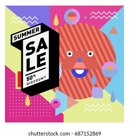 Summer sale memphis style web banner. Fashion and travel discount poster. Vector holiday Abstract colorful illustration with special offer and promotion.