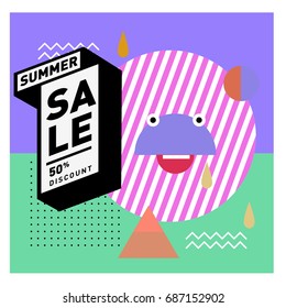 Summer sale memphis style web banner. Fashion and travel discount poster. Vector holiday Abstract colorful illustration with special offer and promotion.