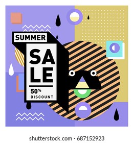 Summer sale memphis style web banner. Fashion and travel discount poster. Vector holiday Abstract colorful illustration with special offer and promotion.
