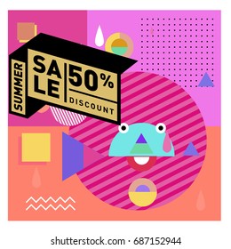 Summer sale memphis style web banner. Fashion and travel discount poster. Vector holiday Abstract colorful illustration with special offer and promotion.