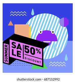 Summer sale memphis style web banner. Fashion and travel discount poster. Vector holiday Abstract colorful illustration with special offer and promotion.