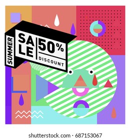 Summer sale memphis style web banner. Fashion and travel discount poster. Vector holiday Abstract colorful illustration with special offer and promotion.