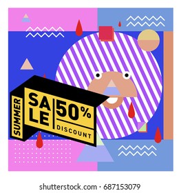 Summer sale memphis style web banner. Fashion and travel discount poster. Vector holiday Abstract colorful illustration with special offer and promotion.