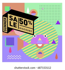 Summer sale memphis style web banner. Fashion and travel discount poster. Vector holiday Abstract colorful illustration with special offer and promotion.