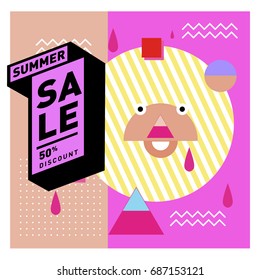 Summer sale memphis style web banner. Fashion and travel discount poster. Vector holiday Abstract colorful illustration with special offer and promotion.