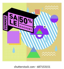 Summer sale memphis style web banner. Fashion and travel discount poster. Vector holiday Abstract colorful illustration with special offer and promotion.