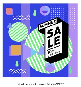 Summer sale memphis style web banner. Fashion and travel discount poster. Vector holiday Abstract colorful illustration with special offer and promotion.