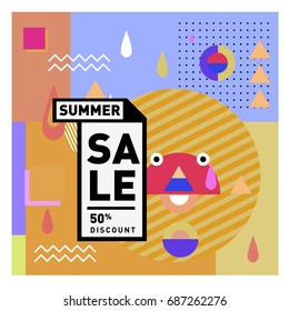 Summer sale memphis style web banner. Fashion and travel discount poster. Vector holiday Abstract colorful illustration with special offer and promotion.
