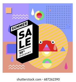 Summer sale memphis style web banner. Fashion and travel discount poster. Vector holiday Abstract colorful illustration with special offer and promotion.