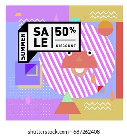 Summer sale memphis style web banner. Fashion and travel discount poster. Vector holiday Abstract colorful illustration with special offer and promotion.