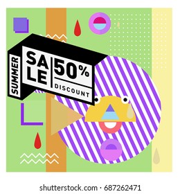 Summer sale memphis style web banner. Fashion and travel discount poster. Vector holiday Abstract colorful illustration with special offer and promotion.