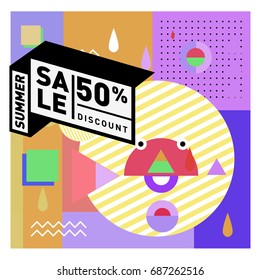 Summer sale memphis style web banner. Fashion and travel discount poster. Vector holiday Abstract colorful illustration with special offer and promotion.