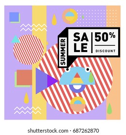 Summer sale memphis style web banner. Fashion and travel discount poster. Vector holiday Abstract colorful illustration with special offer and promotion.