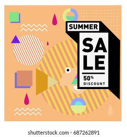 Summer sale memphis style web banner. Fashion and travel discount poster. Vector holiday Abstract colorful illustration with special offer and promotion.