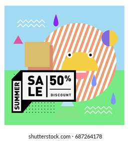 Summer sale memphis style web banner. Fashion and travel discount poster. Vector holiday Abstract colorful illustration with special offer and promotion.