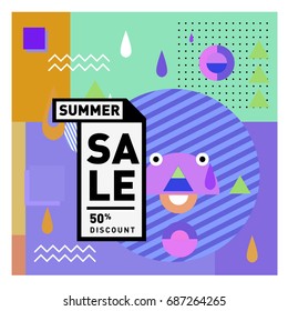 Summer sale memphis style web banner. Fashion and travel discount poster. Vector holiday Abstract colorful illustration with special offer and promotion.
