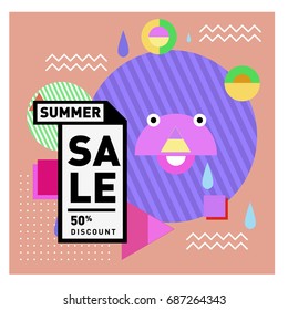 Summer sale memphis style web banner. Fashion and travel discount poster. Vector holiday Abstract colorful illustration with special offer and promotion.
