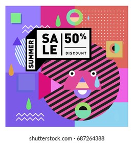 Summer sale memphis style web banner. Fashion and travel discount poster. Vector holiday Abstract colorful illustration with special offer and promotion.