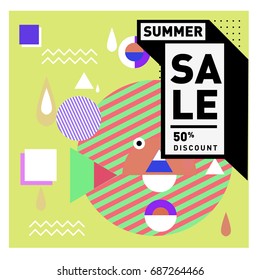 Summer sale memphis style web banner. Fashion and travel discount poster. Vector holiday Abstract colorful illustration with special offer and promotion.