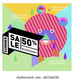 Summer sale memphis style web banner. Fashion and travel discount poster. Vector holiday Abstract colorful illustration with special offer and promotion.