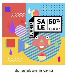 Summer sale memphis style web banner. Fashion and travel discount poster. Vector holiday Abstract colorful illustration with special offer and promotion.