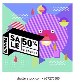 Summer sale memphis style web banner. Fashion and travel discount poster. Vector holiday Abstract colorful illustration with special offer and promotion.