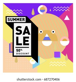 Summer sale memphis style web banner. Fashion and travel discount poster. Vector holiday Abstract colorful illustration with special offer and promotion.