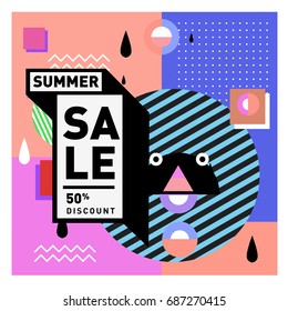 Summer sale memphis style web banner. Fashion and travel discount poster. Vector holiday Abstract colorful illustration with special offer and promotion.