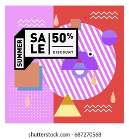 Summer sale memphis style web banner. Fashion and travel discount poster. Vector holiday Abstract colorful illustration with special offer and promotion.